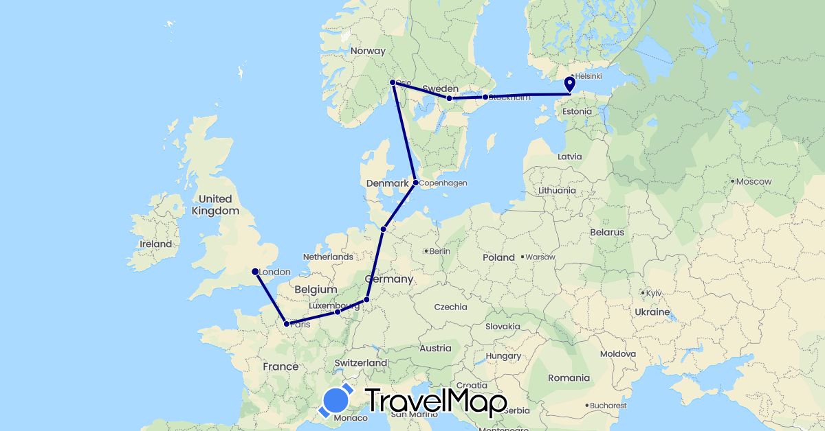 TravelMap itinerary: driving in Germany, Denmark, Estonia, France, United Kingdom, Norway, Sweden (Europe)